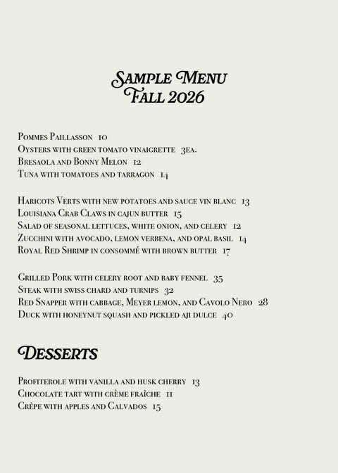 Fall 2026 sample menu